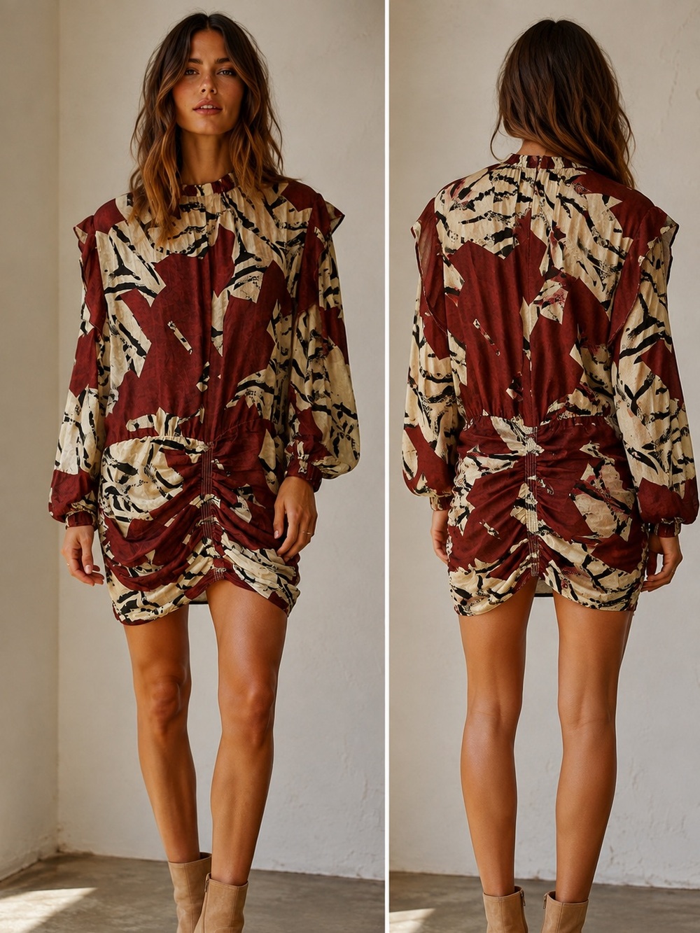IRO burgundy Blk and white printed NWOT dress with ruching in the front.